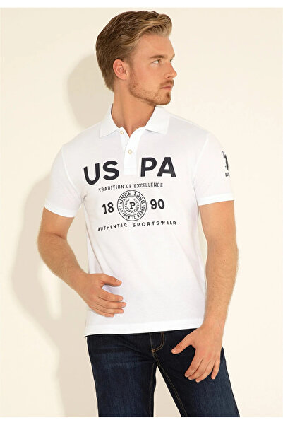 U.S. Polo Assn. تي شيرت رياضي أبيض للرجال بقصة ضيقة DMLS