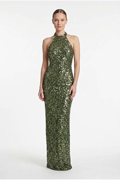SpringStore Haki Halter Yaka Payetli Abiye