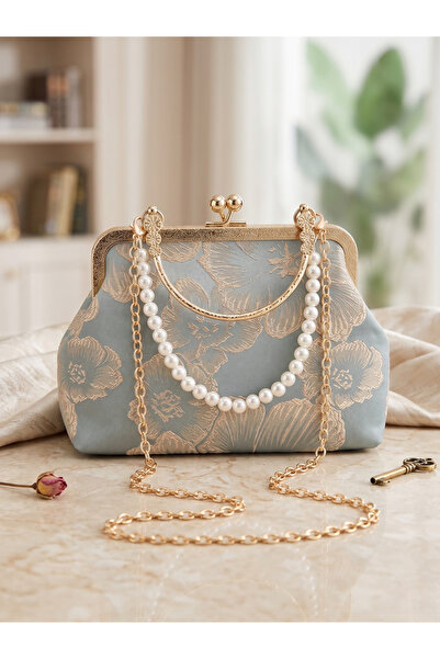 Innovate Store Women's Blue Gold Floral Patterned Vintage Pearl Scholar Eveni...