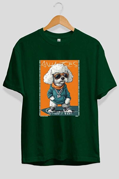 Ankhises For Dog Lovers 44 Front Dog Printed Green Oversize T-Shirt 100% Cott...