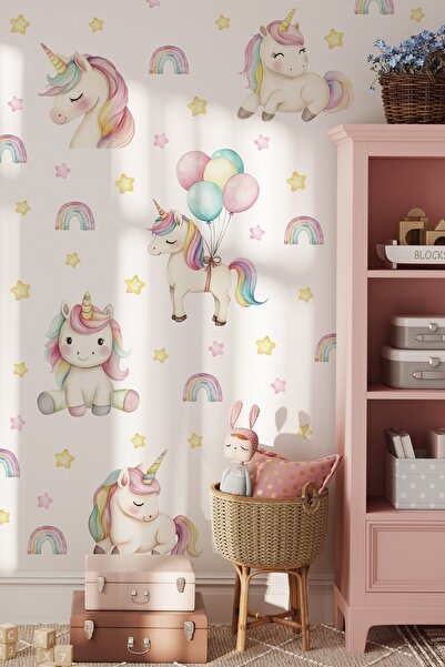 MSticker Unicorn Duvar Sticker Seti 72 Parça – Gökkuşağı, Balonlu Unicorn ve Yıldızlar – Kız Çocuk ve Bebek