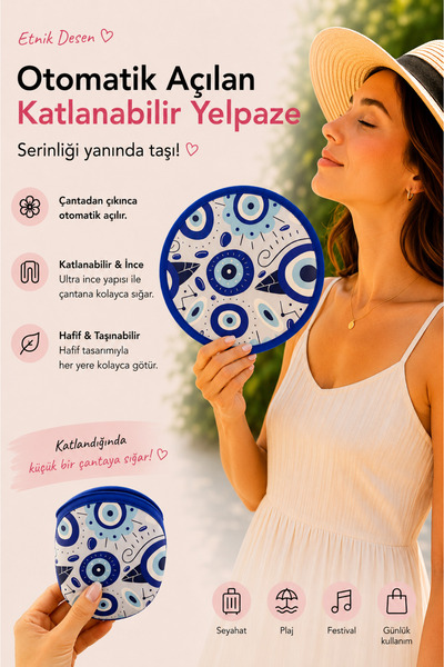 Handalin Nazar Boncuğu Desenli Otomatik Açılan Katlanabilir Yuvarlak Yelpaze ...
