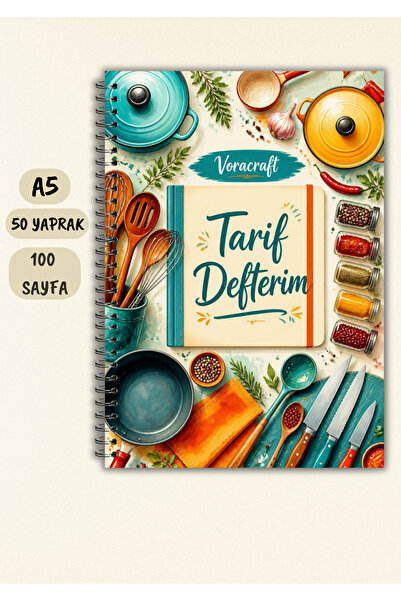 VORACRAFT Yemek Tarif Defteri, 50 Yaprak /100 Sayfa, A5 / Tel Spiral TRF0001