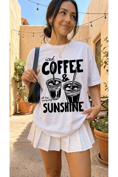 EFFRENATU Ženska široka bela majica sa printom "Iced Coffee & Sunshine", 100%...