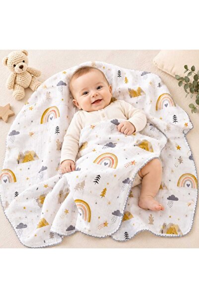 UmBaby Rainbow Patterned Muslin Baby Blanket – 100% Cotton Multi-Purpose Baby Blanket 90X90Cm