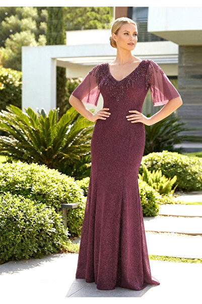 FaBe Fashion KISA TÜL KOLLU YAKASI İŞLEMELİ SİMLİ ÖRME ABİYE ELBİSE