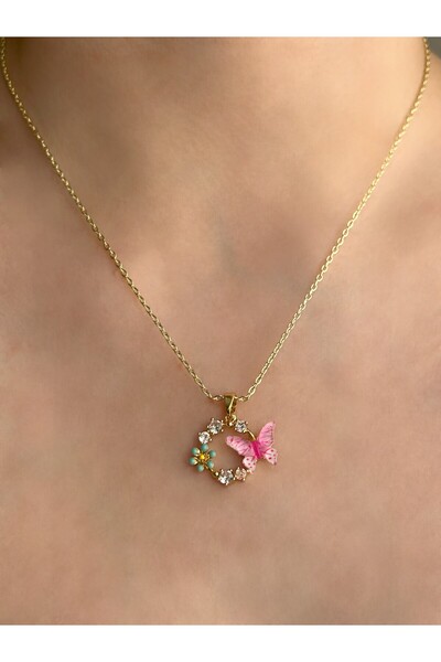 Nilly Jewelry Pembe Kelebek ve Çiçek Detaylı Zirkon Taşlı Yuvarlak Kolye