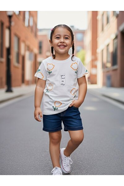 ecrin kids Kız Çocuk Lale Baskılı Yazılı Pamuklu Kısa Kollu Tişört