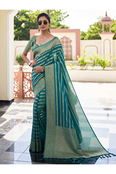 MYSMAR Teal Georgette Saree with Gold Zari Woven Stripes - MAF3150 | Teal