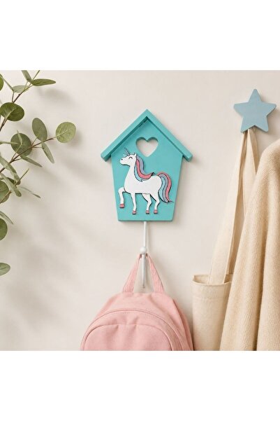 idei Cârlig Decorativ din Lemn, Formă Casuță cu Unicorn, 18x10 cm, Pentru Cop...