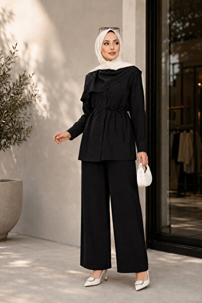 ASTEMİA Women's Shawl Detailed Waist-Tie Muslim Dress Double Set Sb0041