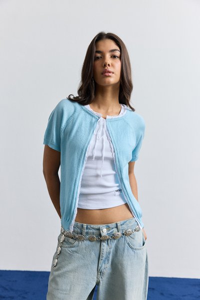 bases. Blue Lace Detailed Knitwear Cardigan