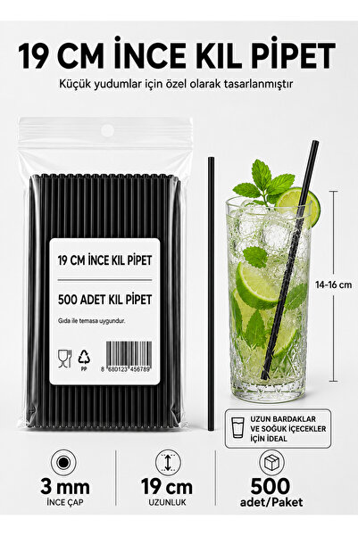 ardin İnce Kıl pipet 3 mm 19 cm Siyah Kokteyl Pipeti - 500 Adet