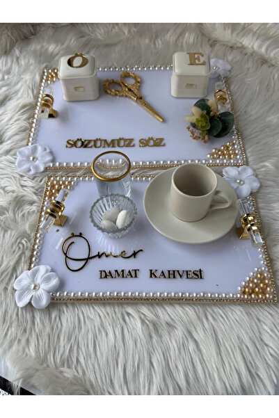 CatplexBoutique Söz Tepsisi - Kişiye Özel 2'li Nişan Tepsisi Damat Kahvesi Te...