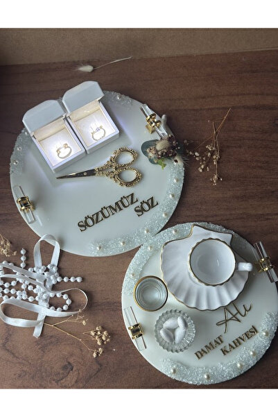 CatplexBoutique Söz Tepsisi - Kişiye Özel 2'li Nişan Tepsisi Damat Kahvesi Te...