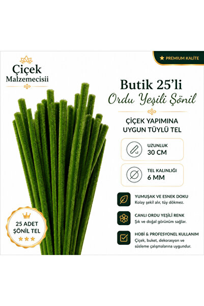 WAXERA 25 Adet Ordu Yeşili Şönil Tel 30 CM Uzunluk • 6 MM Kalınlık Çiçek Yapı...