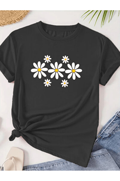 one button Tricou oversize premium cu imprimeu cu margarete albe pentru femei