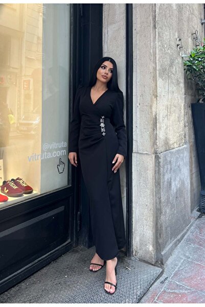 GENERAL Soft and Elegant Dress with Long Sleeves and Accessory Details - Turk...