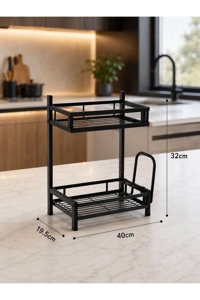 OEM Raft Organizator Bucatarie 2 Nivele, Metalic, Negru, Suport Condimente si Ustensile, 40 x 19.5 x 32 cm