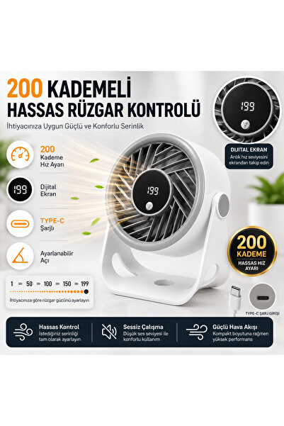 SMAYLİNG Şarjlı Masaüstü Mini Vantilatör 200 Kademeli Dijital Ekranlı Type-C ...