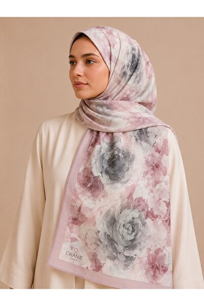 Saaye Babil İpek Rose Desenli Pembe Şal 190x80 cm