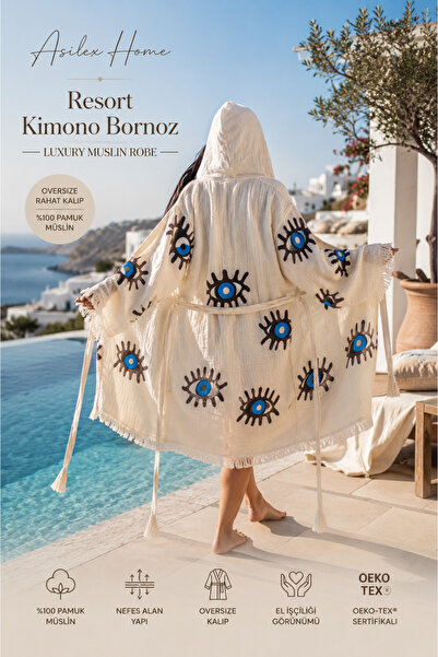 Asilex Home Collection Halat de baie tip kimono din muselină cu glugă, de lux...