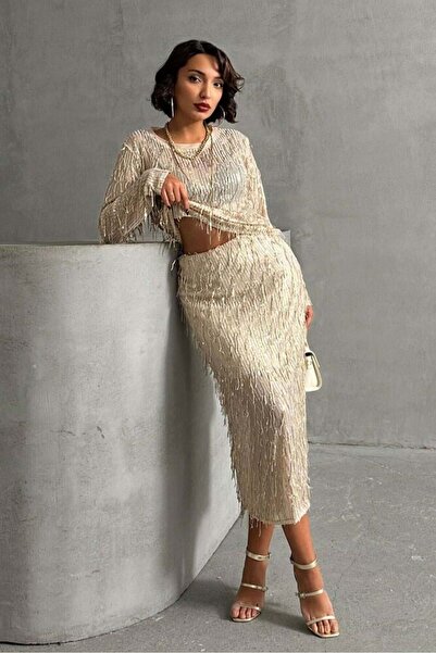 CKM MODA Ted Sequin Skirt Stone Silver