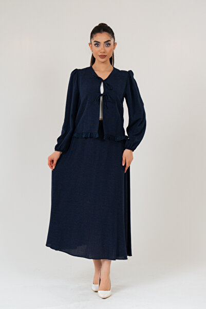 ELAY Fashion Women's Navy Blue Linen Lace Detailed Skirt Suit