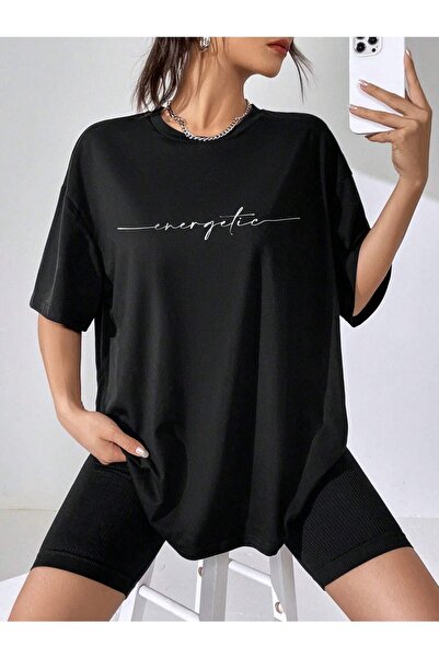 JENOLAN Tricou oversize negru imprimat energic pentru femei/fete Boyfirend