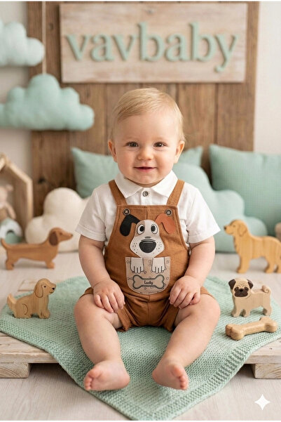 VaVbaby Baby Boy Cute Dog Figured Baby Salopet Shorts and Shirt Set-Brown