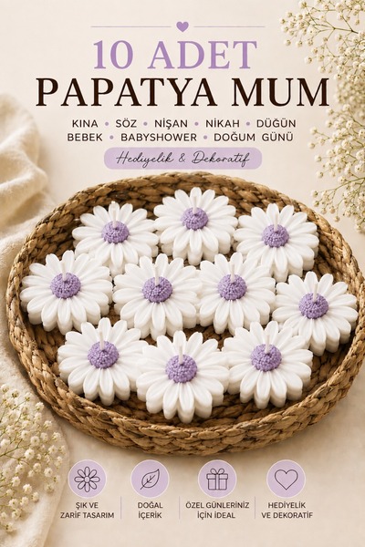 Bead 10'lu Papatya Şeklinde Mum Seti | Hediyelik ve Dekoratif Çiçek Mum | Nik...