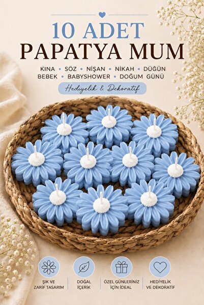 Bead 10'lu Papatya Şeklinde Mum Seti | Hediyelik ve Dekoratif Çiçek Mum | Nik...