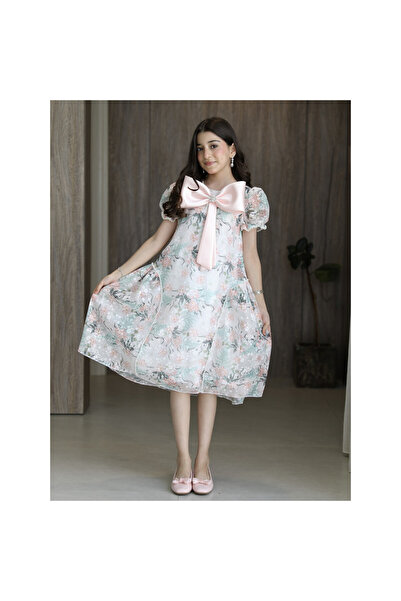 HAWRAA ABAYA Girls' Dress with a Large Pink Bow and Pearl Embroidery at the B...
