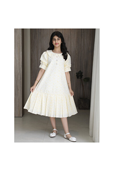 HAWRAA ABAYA Girls Yellow Plaid Dress with Wide Royal Collar and Pearl Folds