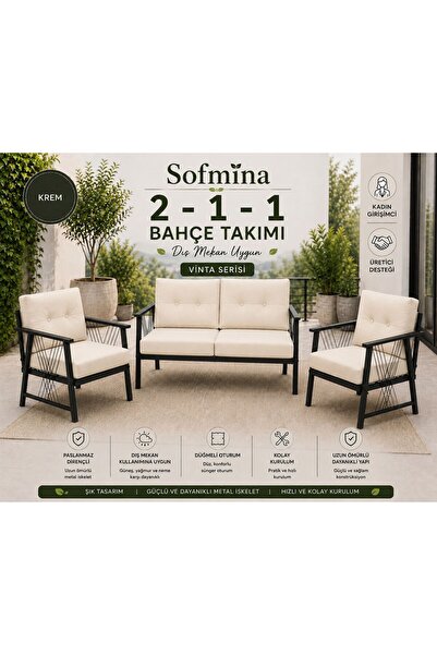 Sofmina Vinta Krem Bahçe Mobilyası Seti 2+1+1 - Metal İskelet Balkon Bahçe Ta...