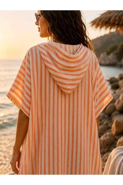 NUNA'S Atelier Coral |   Striped Poncho |   Hooded Beach & Pool Poncho