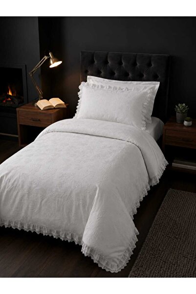 İK TEKSTİL Ivory Embossed Leaf Embroidery and Ruffle 100% Cotton 4 Piece Sing...
