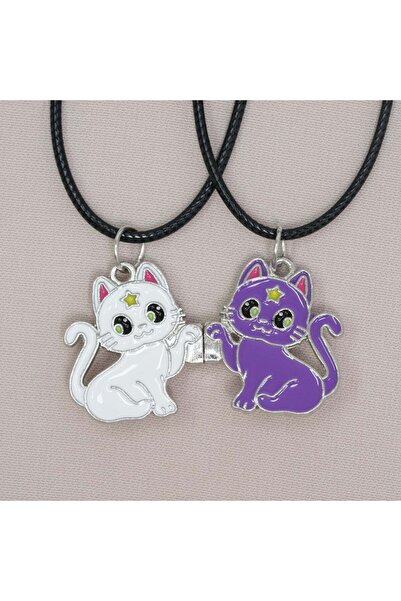 Zuum Accessories 2 li Beyaz , Mor Kedi Detaylı Mıknatıslı ip Kolye , Arkadaşl...