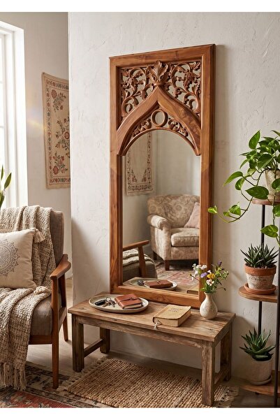 Lessio Home Dumai Masif Teak ( Tik) Ağacı Oyma İskandinav Ahşap Boy Aynası 14...