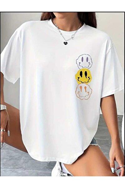 JENOLAN Τριπλό Smiley Face με στάμπα λευκό Oversize Casual Boyfriend T-shirt