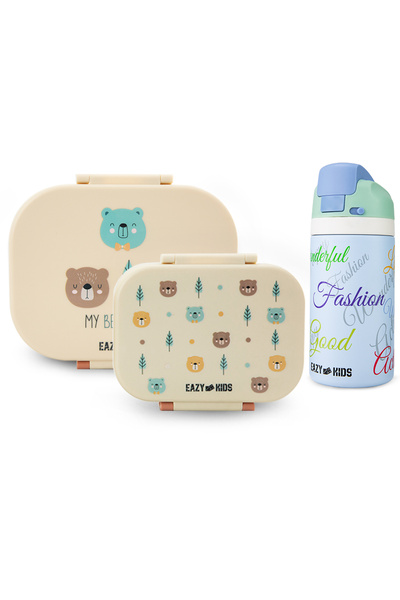 Eazy Kids Bento Lunch Box Set of 2 w/ Stainless Steel Water Bottle 445ml – Ivory