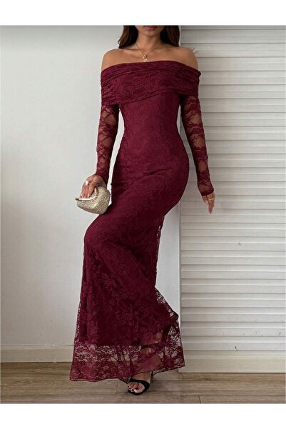 SERAFIN FASHION Long burgundy lace dress