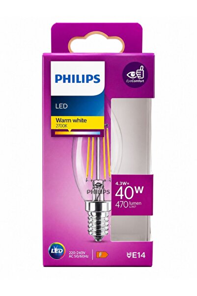 Philips 4.3W (40W Eşdeğer) E14 İnce Duy Led Filament Ampul 2700K Sarı Işık 47...
