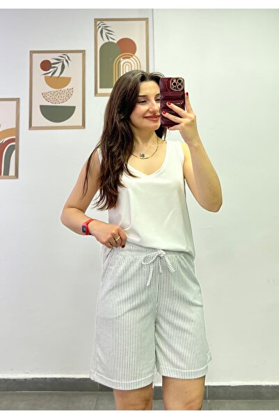 bydenizcollection Striped Shorts with Elastic Waist and Tie Detail