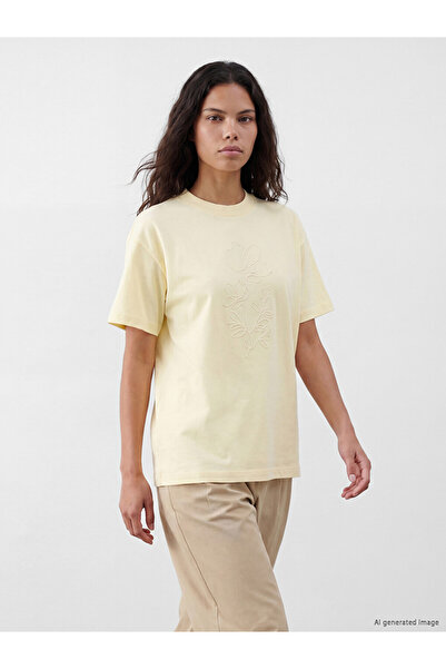 LC Waikiki Yellow Embroidered Cotton Women's T-Shirt