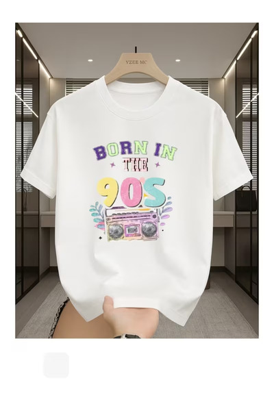 Massgai Tricou unisex cu imprimeu Born In The 90s, supradimensionat, 100% bumbac