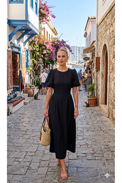 Moda Palmiss Rochie midi casual neagră pentru femei, cu mâneci bufante și tal...