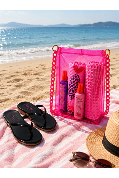 Fulian Women's Black Flip-Flops & Transparent Beach Bag Set – Summer Sea Pool...