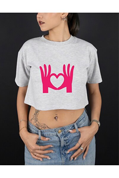 Krays Women's Hand Heart Printed Crop Tshirt Knitted Cotton Black White Gray ...