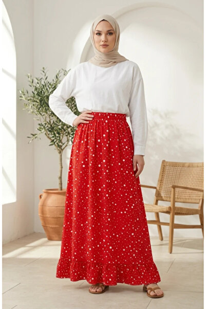 sefamerve Elastic Waist Polka Dot Patterned Skirt 0312-05 Red